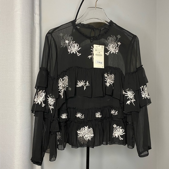 NWT Zara RARE Embroidered Tulle Floral Black Tiered Blouse Top Size M Medium - Picture 11 of 12